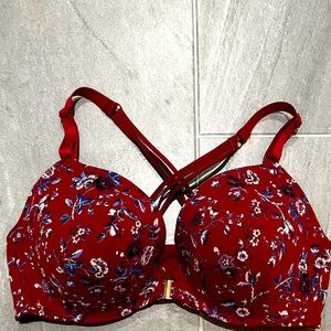 Cacique front closure, fun strap, plunge bra